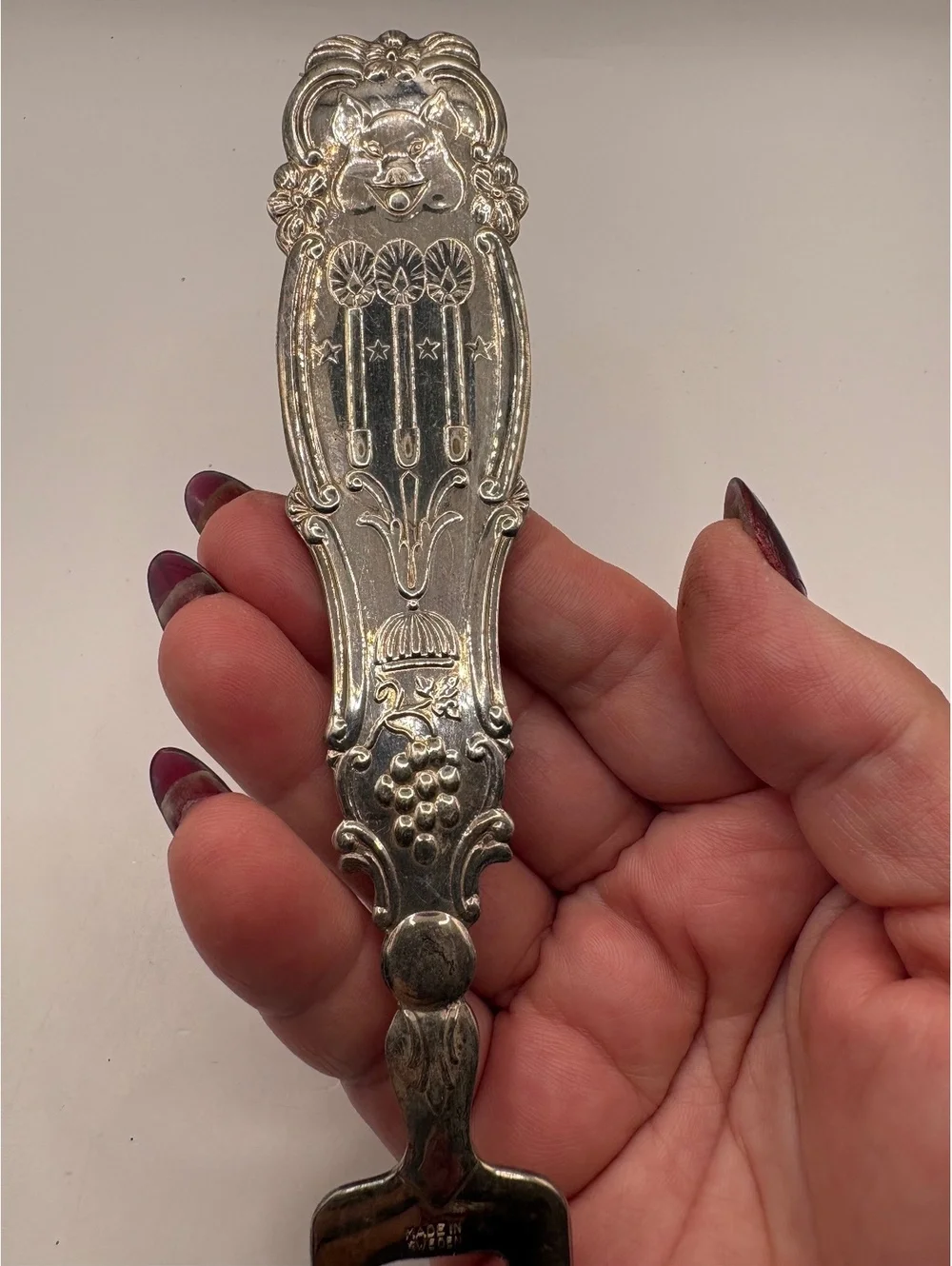 Vintage Swedish Silverplate Pickle Fork Pig Handle Serving Fork Made Sweden